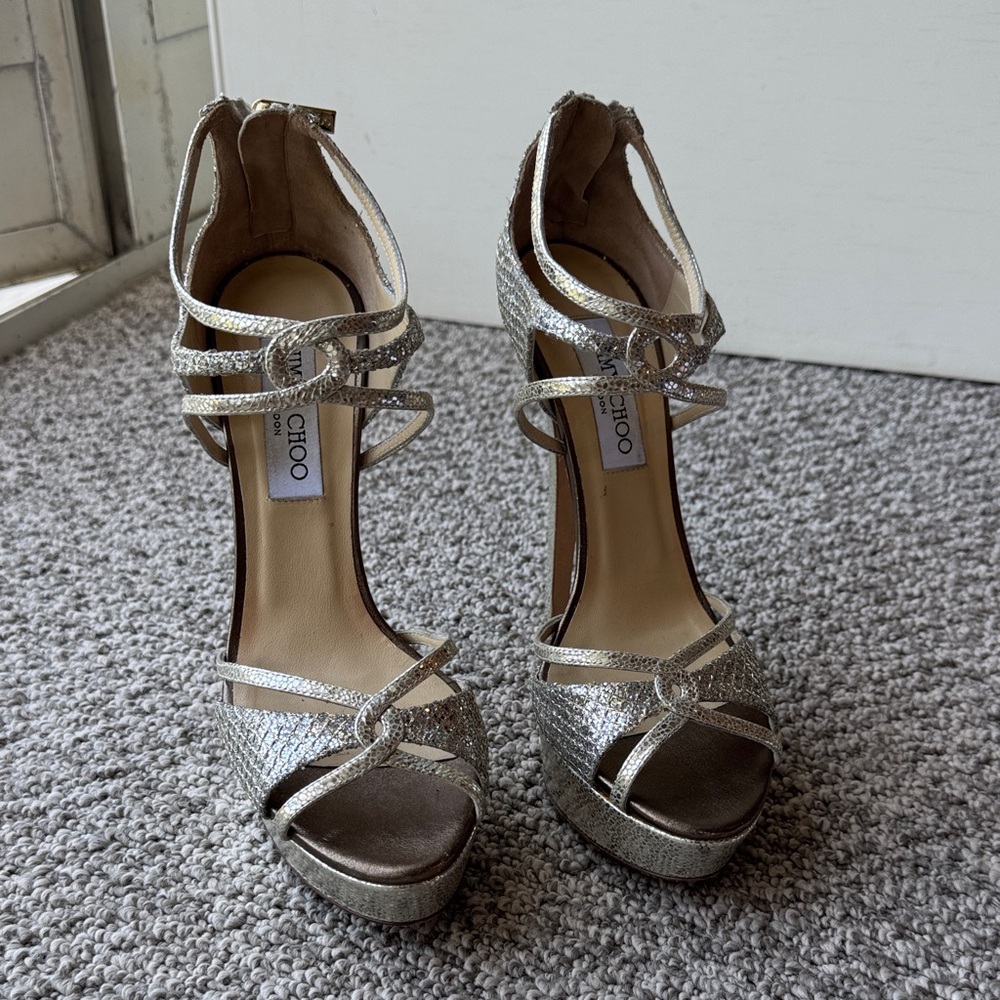 Jimmy Choo Glittering Silver Platform Heels